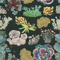 Seamless pattern with mushrooms, fungi, lichen and moss. Vintage decorative floral elements set.